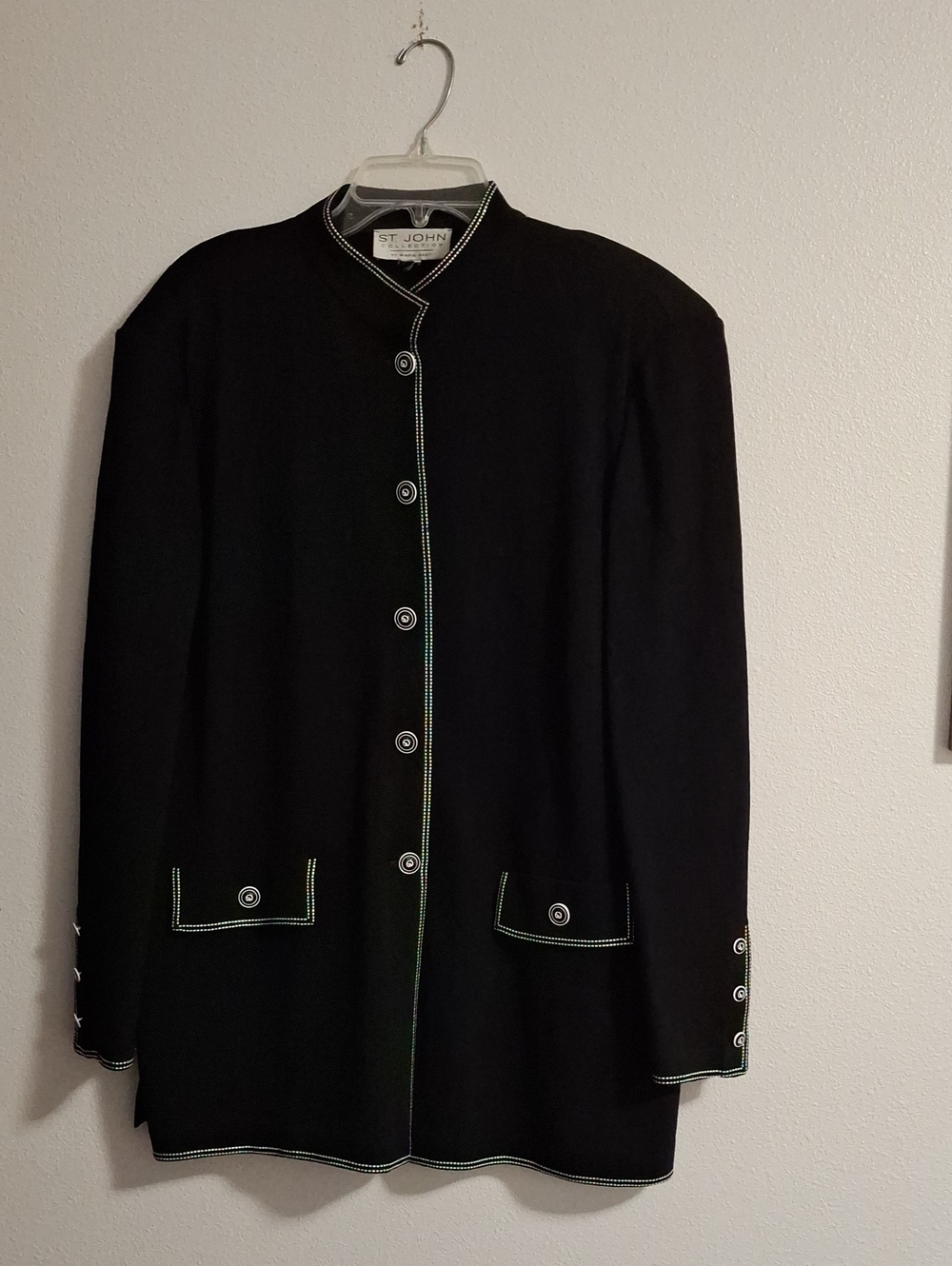 St John Collection VintageSantana Knit Jacket Black Whipstitch Button Sz 10